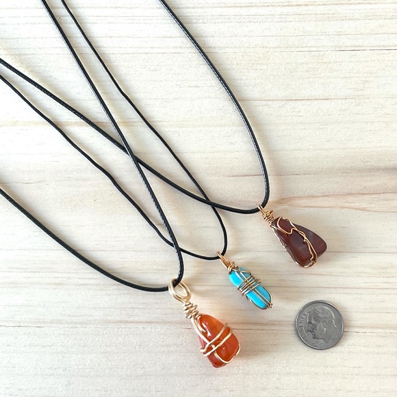Wire wrap stone carnelian turquoise agate crystal cord necklace handmade boho - Picture 3 of 10
